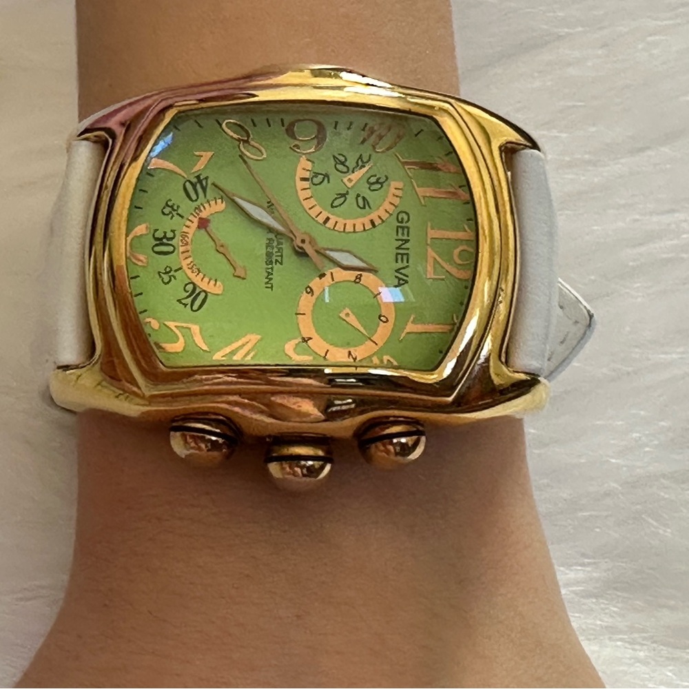 Geneva Gold and Green Chronograph Watch with White Band - Picture 4 of 11